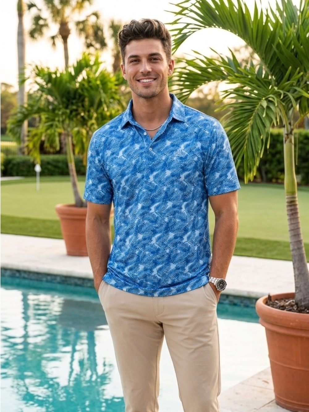 Donald Ross mens Golf Polo shirt SZ M Tropical Leaf AOP Blue TPC Logo Piper Glen